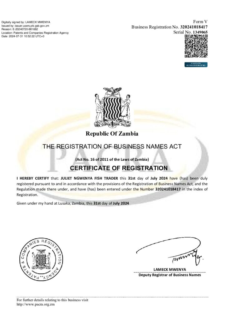 Sample of Pacra Business Registration Certificate