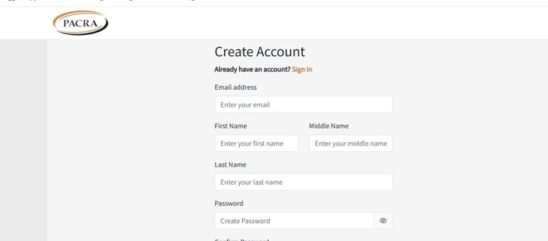 Enter your details for Pacra Business Registration creation account